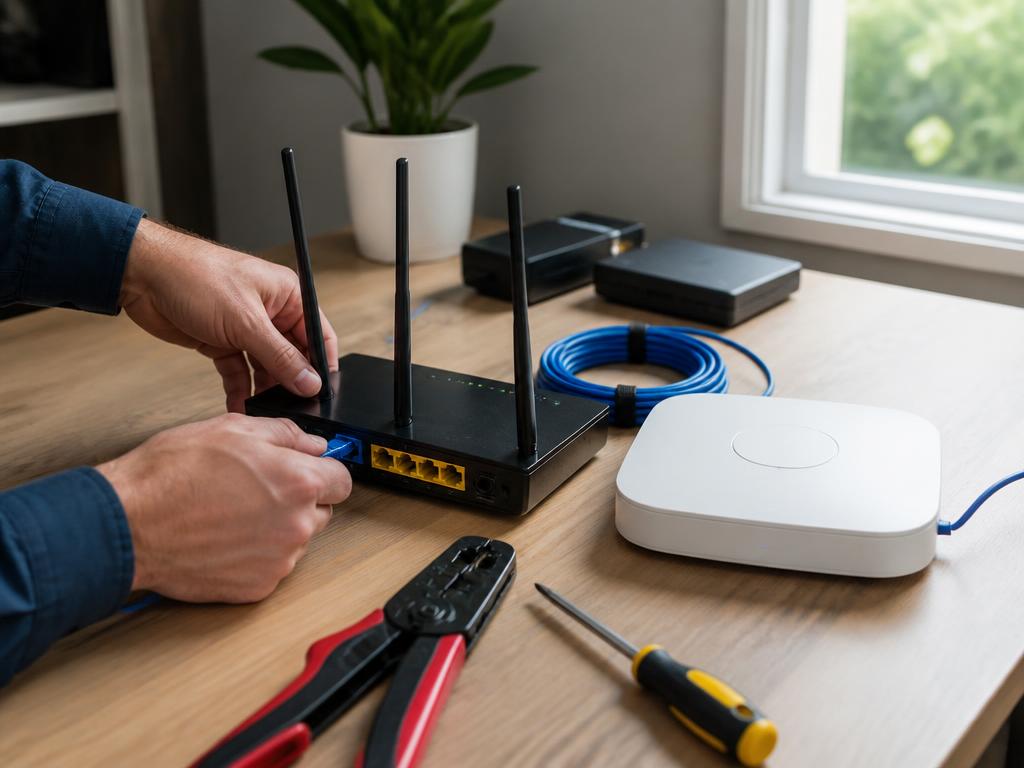 Technician configuring a Wi-Fi router and access point