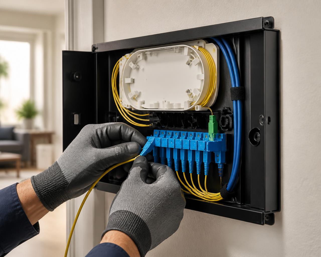 Technician carefully installing fibre optic cabling and network equipment